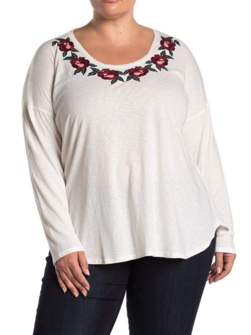 Lucky Brand Floral Embroidered Top T-Shirt Long Sleeve Shirt Ivory Size 1X NEW